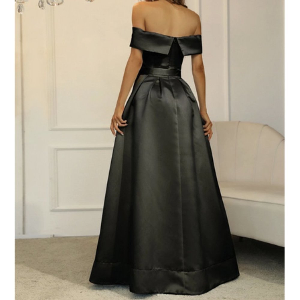 Off Shoulder Boxy Pleated Split Thigh Prom Maxi Dress Black - Picture 3 of 8